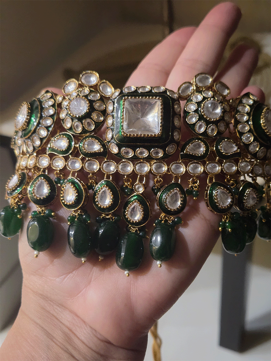 Square center uncut polki green enamel work set with tear shaped green drop tukdies