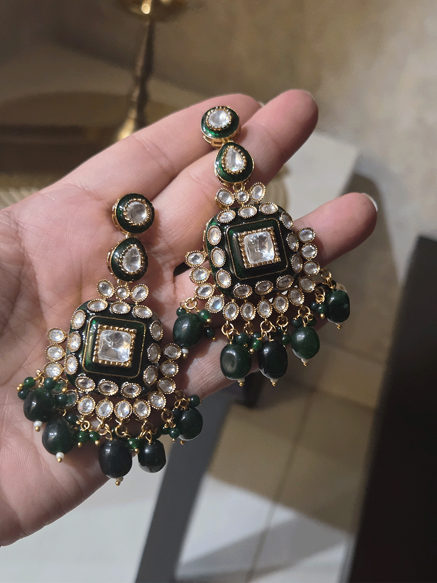 Square center uncut polki green enamel work set with tear shaped green drop tukdies
