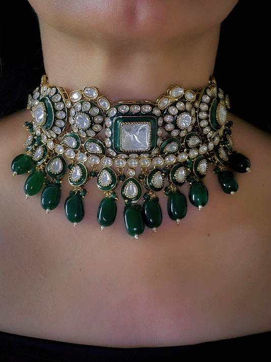 Square center uncut polki green enamel work set with tear shaped green drop tukdies