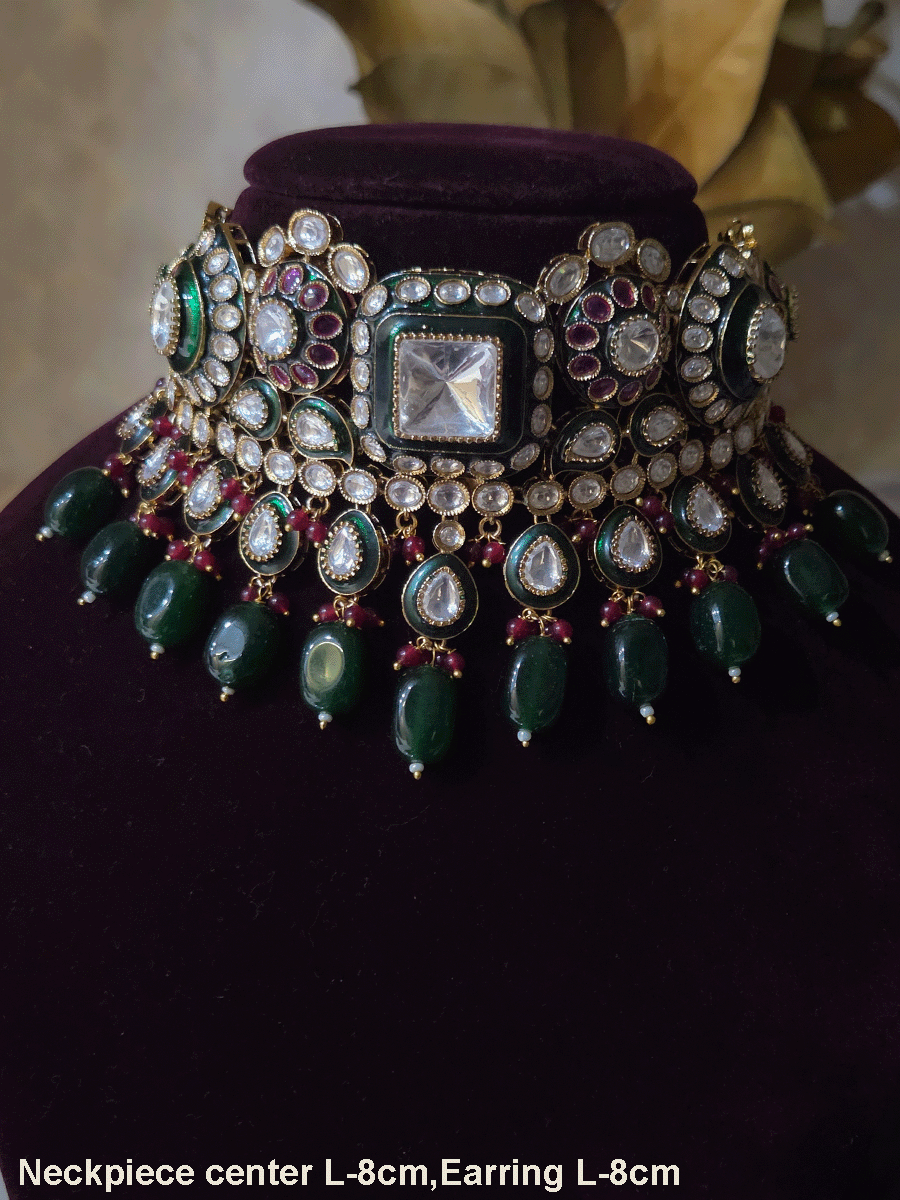 Square center uncut polki green enamel work set with tear shaped green drop tukdies