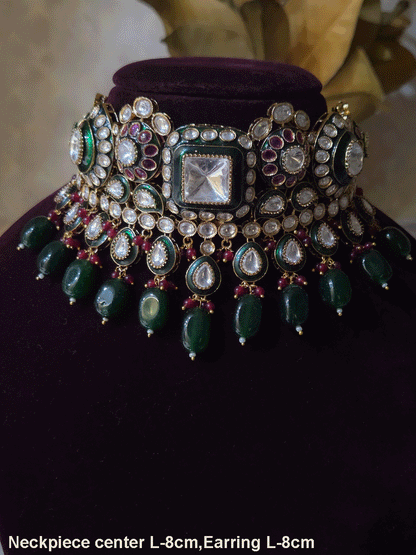 Square center uncut polki green enamel work set with tear shaped green drop tukdies