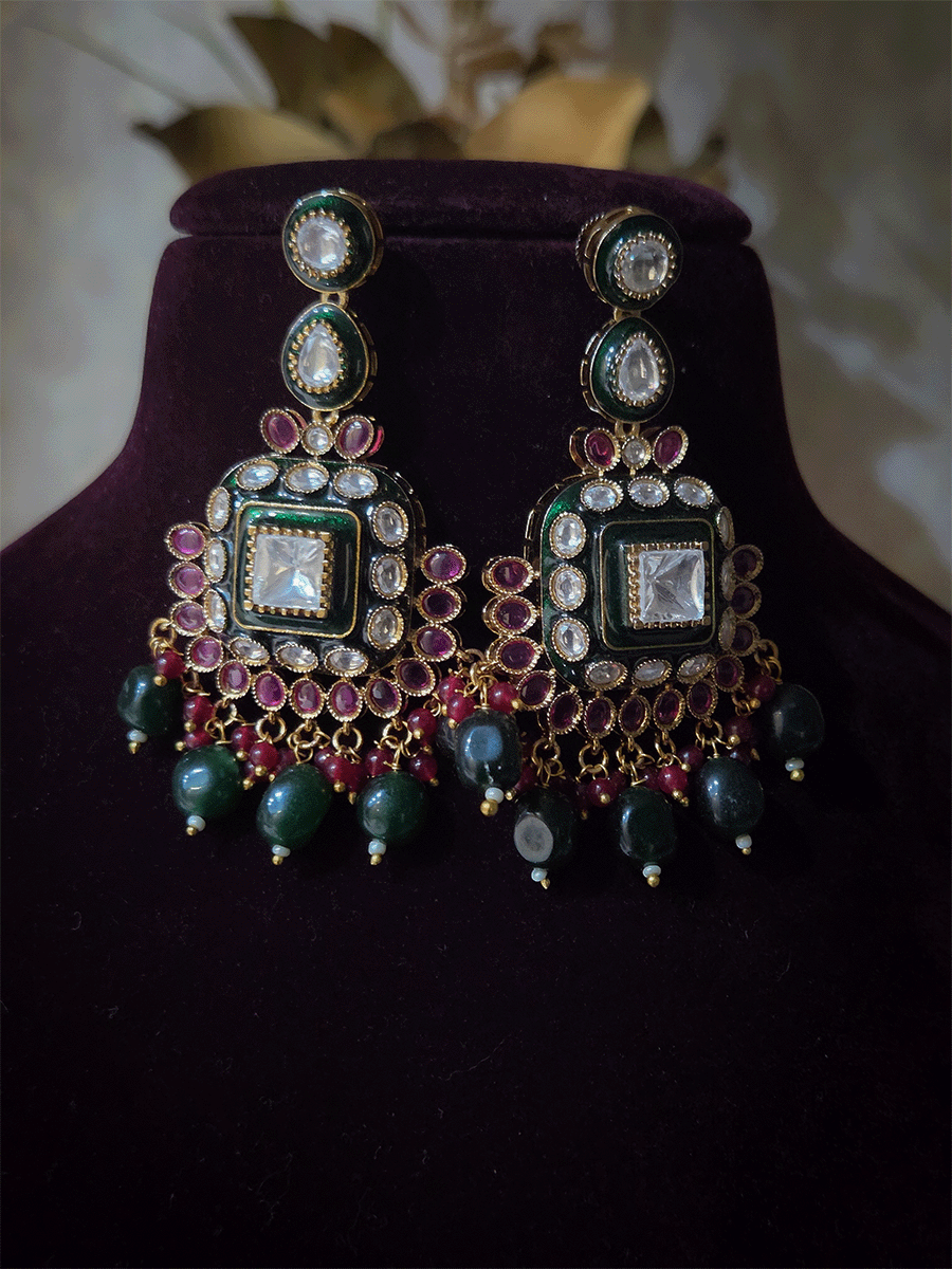 Square center uncut polki green enamel work set with tear shaped green drop tukdies