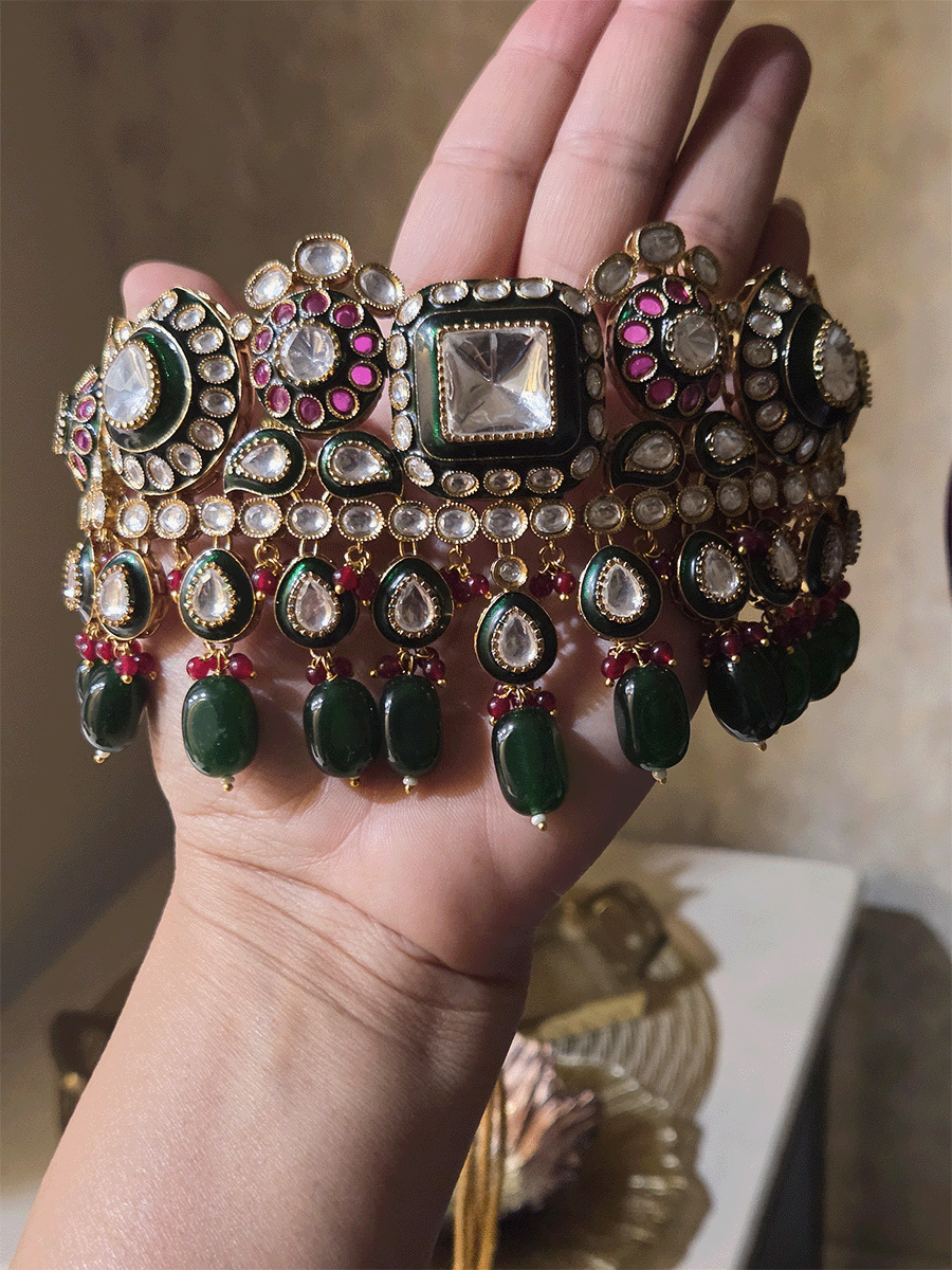 Square center uncut polki green enamel work set with tear shaped green drop tukdies