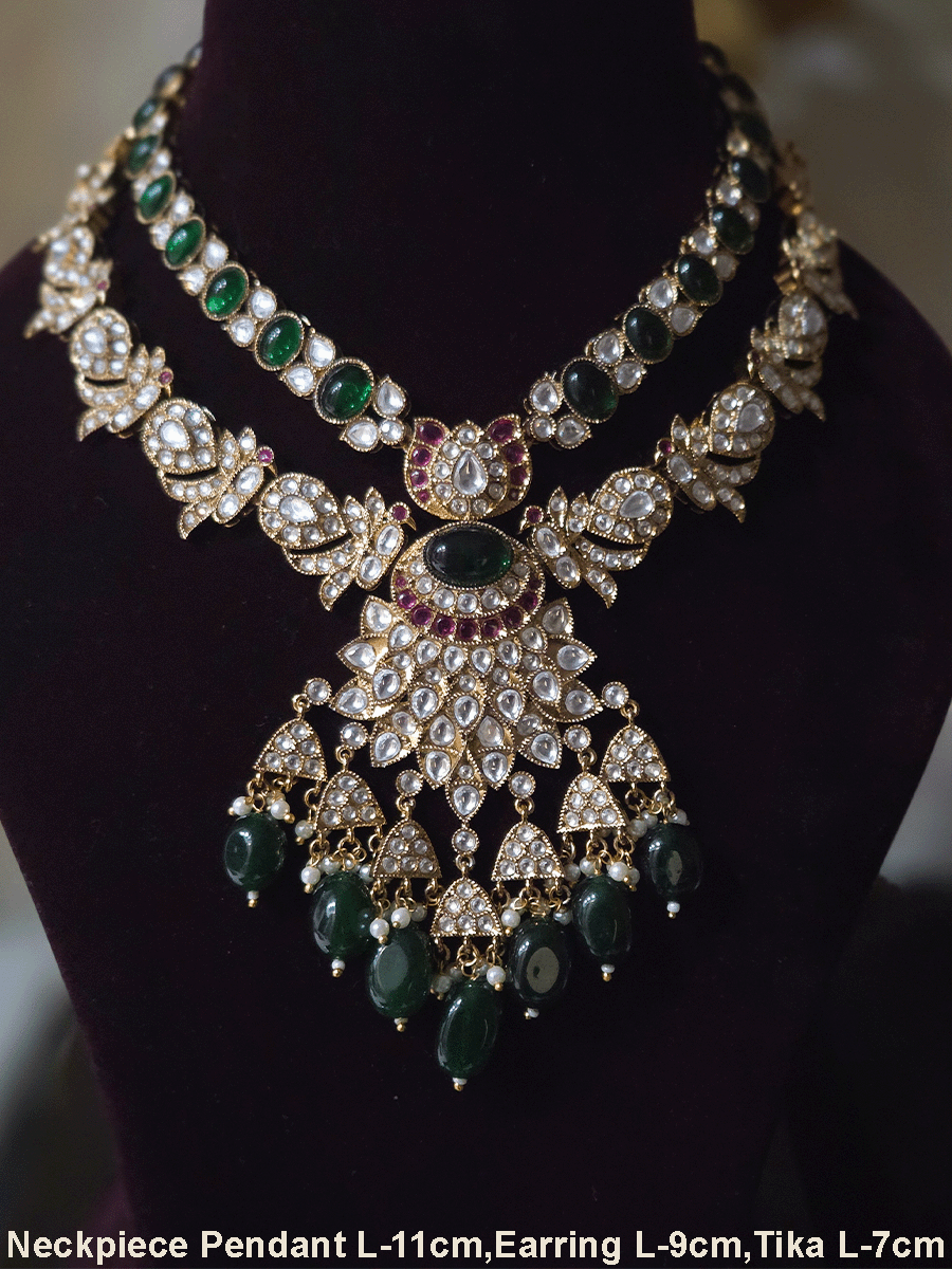 Double layer oval green stone and peacock kundan design with bold oval center kundan pendant with green drops