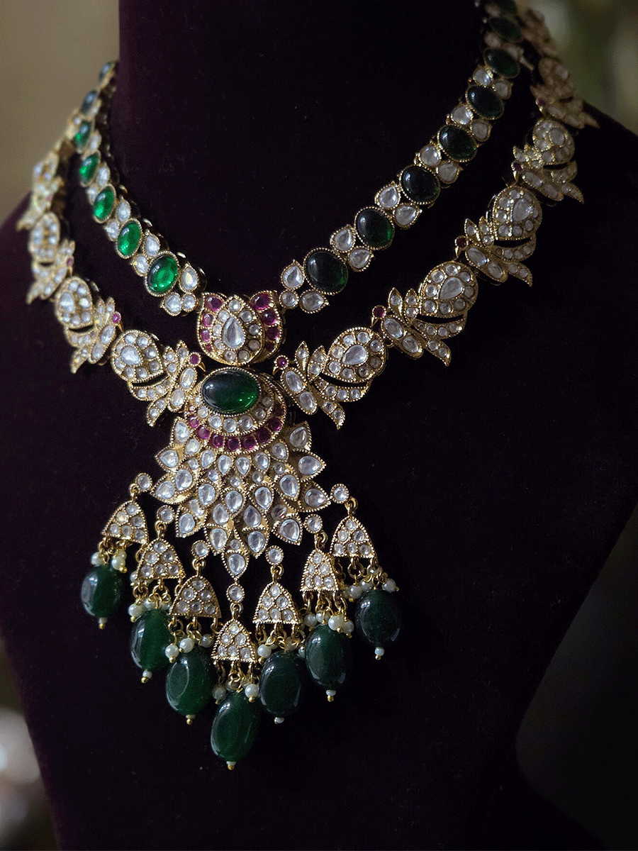 Double layer oval green stone and peacock kundan design with bold oval center kundan pendant with green drops