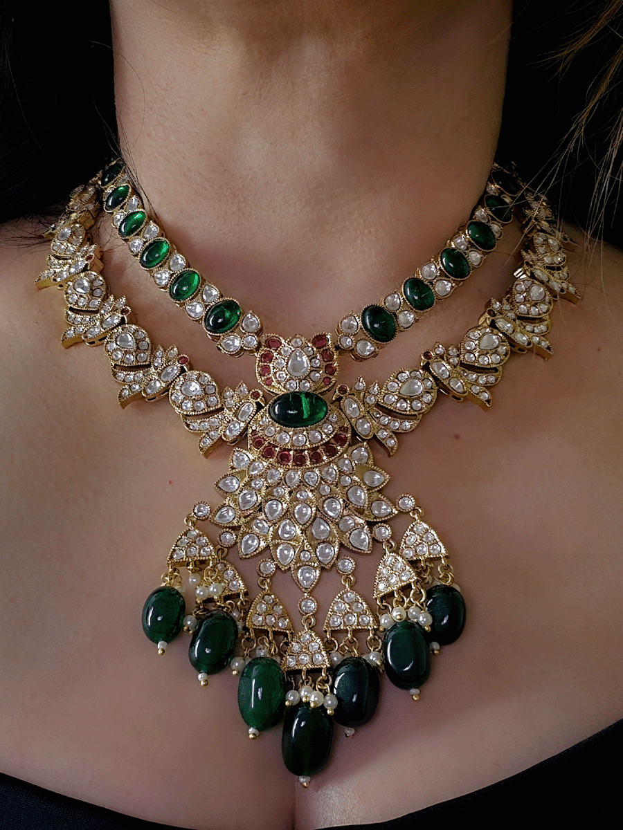 Double layer oval green stone and peacock kundan design with bold oval center kundan pendant with green drops