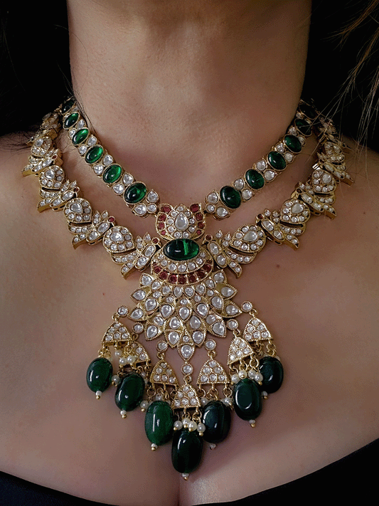 Double layer oval green stone and peacock kundan design with bold oval center kundan pendant with green drops
