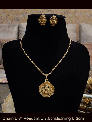 Circular Laxmiji motif pendant set with gold bead chain