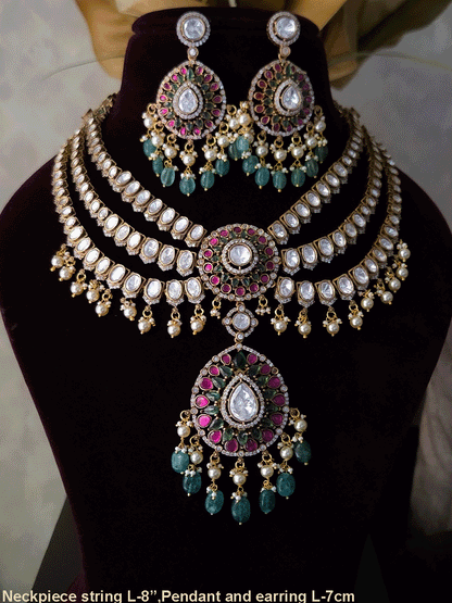 Triple layer moissanite strings set with ruby green circular tukdi in center and aqua drops leaf shaped hanging pendant