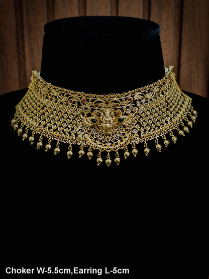 Round polki mesh laxmiji motif in center with side peacock on sides 5.5cm broad choker set