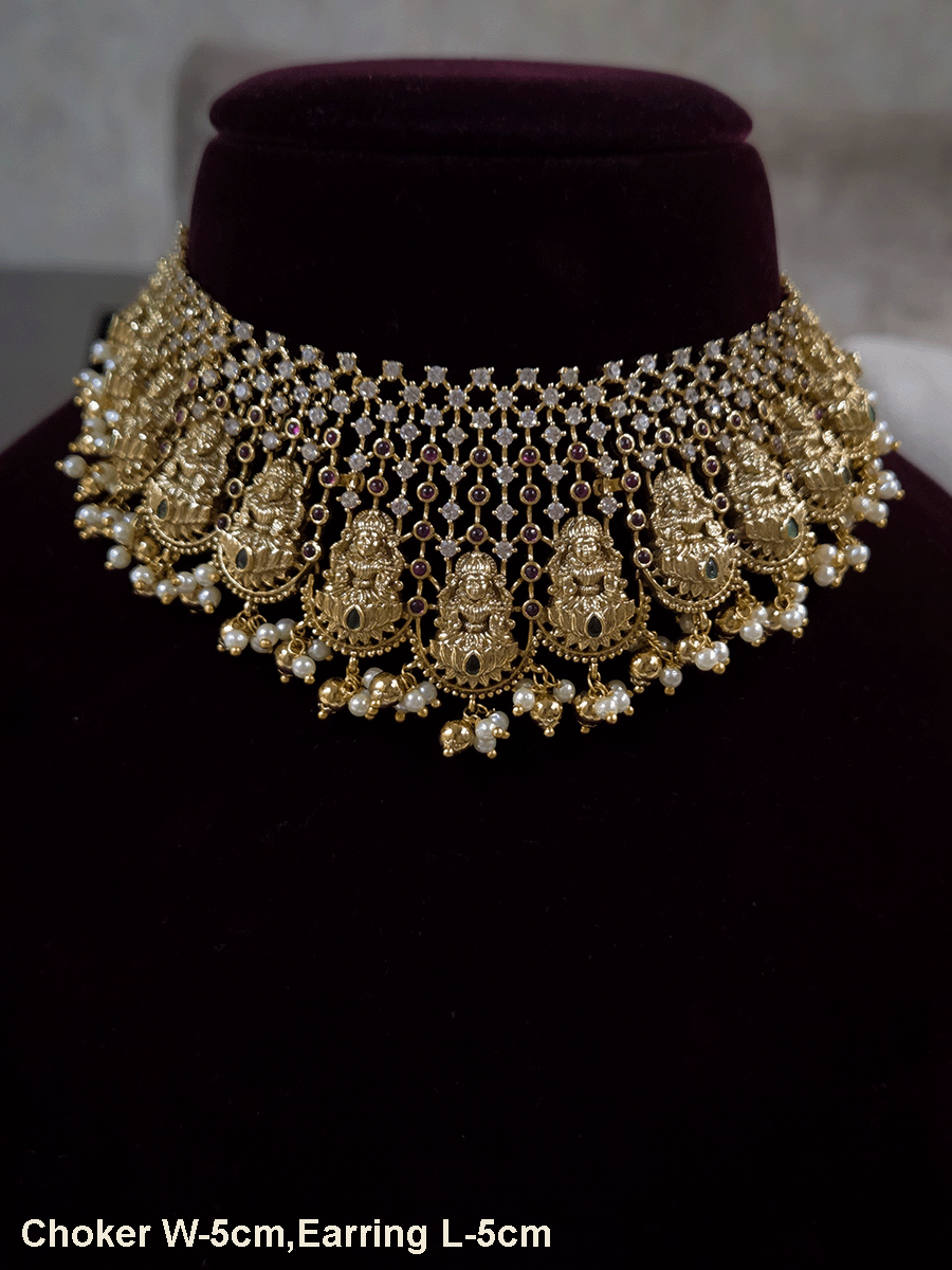 Laxmiji motif's on mesh design stones studded choker with pearl and gold bead drops
