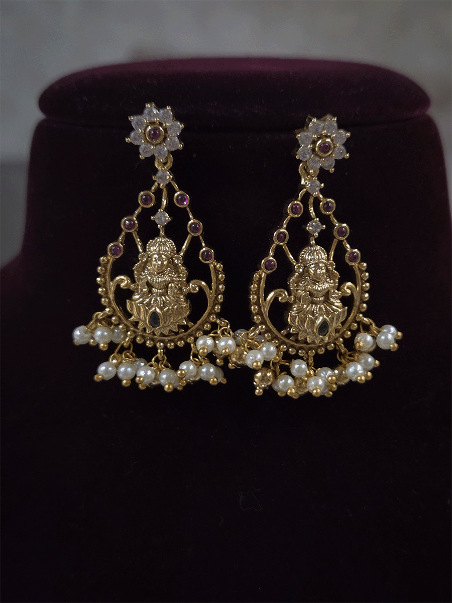 Laxmiji motif's on mesh design stones studded choker with pearl and gold bead drops