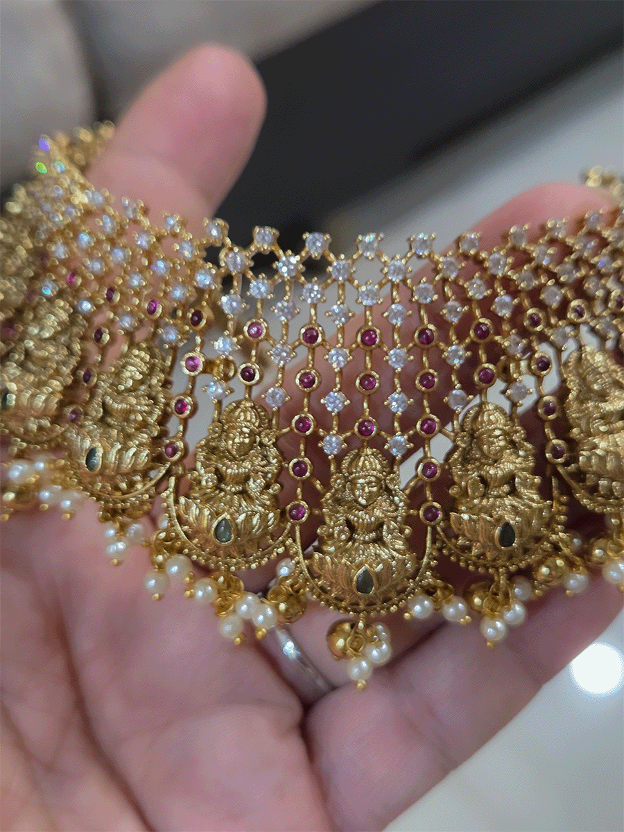 Laxmiji motif's on mesh design stones studded choker with pearl and gold bead drops