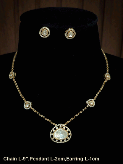 Triangular moissanite and AD pendant set in 9 inch long chain with four triangular tukdies