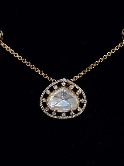 Triangular moissanite and AD pendant set in 9 inch long chain with four triangular tukdies