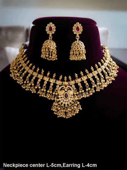 Tear drop ruby stone with peacock top design polki studded bead frill set
