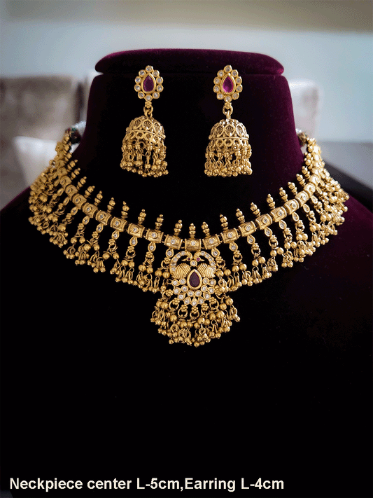 Tear drop ruby stone with peacock top design polki studded bead frill set