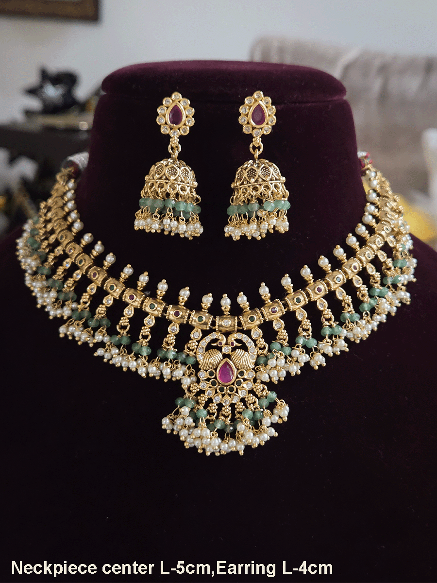 Tear drop ruby stone with peacock top design polki studded bead frill set