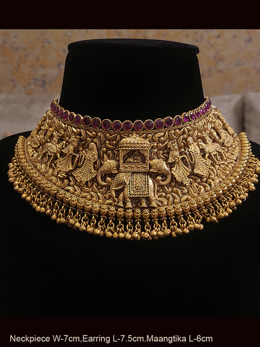Beautifully carved doll,baraat and varmala on broad ruby stone studded set with ghunghru lace