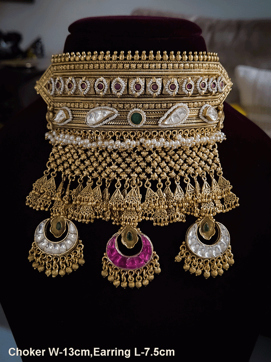 13 cm broad rajputi choker set with chandbali design three hanging paachi kundan tukdies
