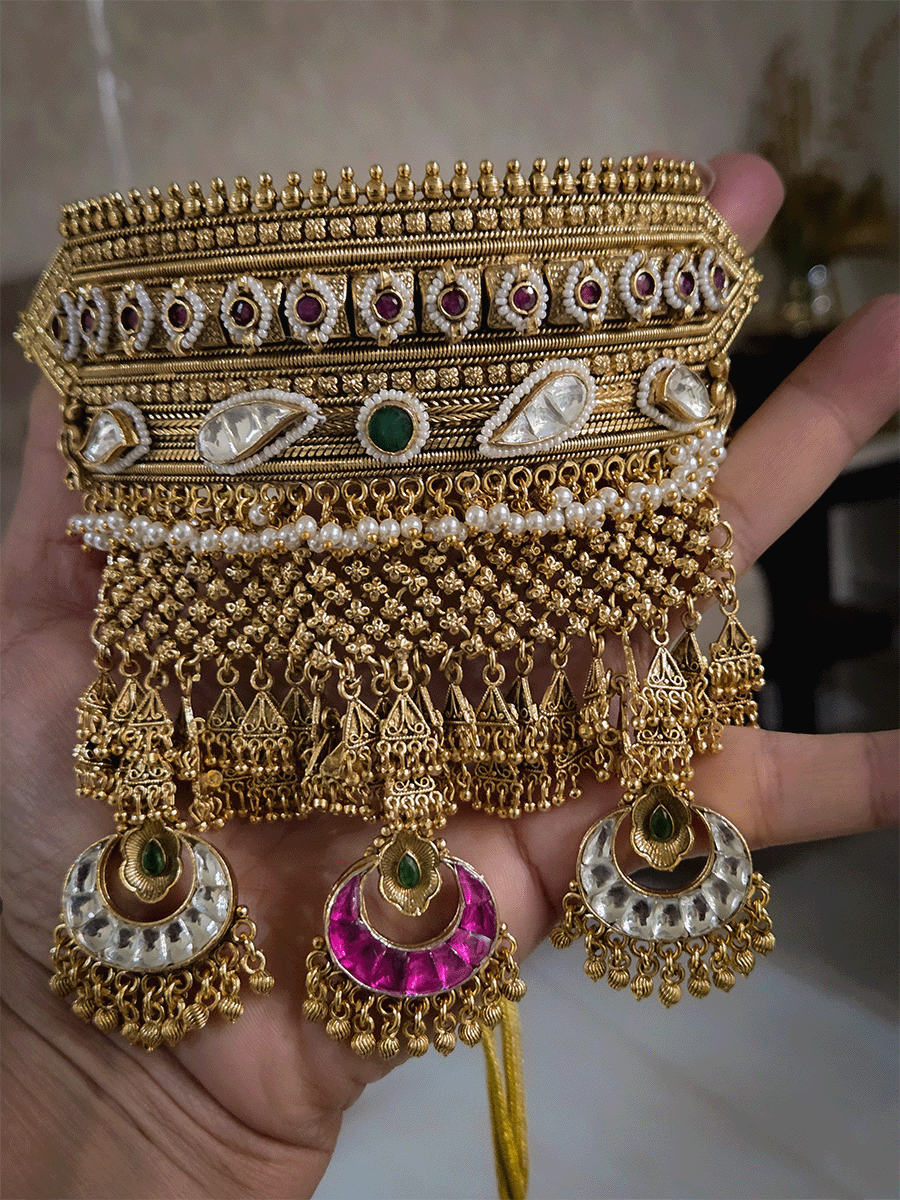 13 cm broad rajputi choker set with chandbali design three hanging paachi kundan tukdies
