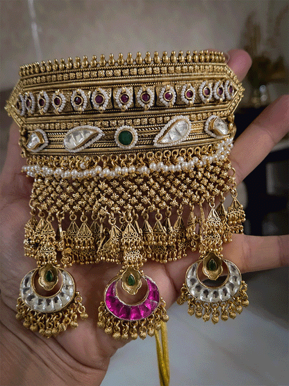 13 cm broad rajputi choker set with chandbali design three hanging paachi kundan tukdies