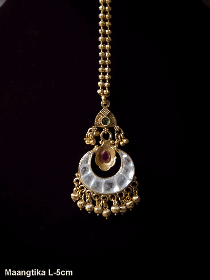13 cm broad rajputi choker set with chandbali design three hanging paachi kundan tukdies