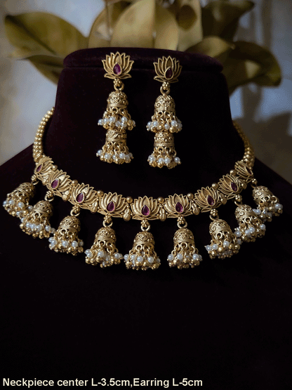 Lotus design with ruby stone set with jhoomki hanging's