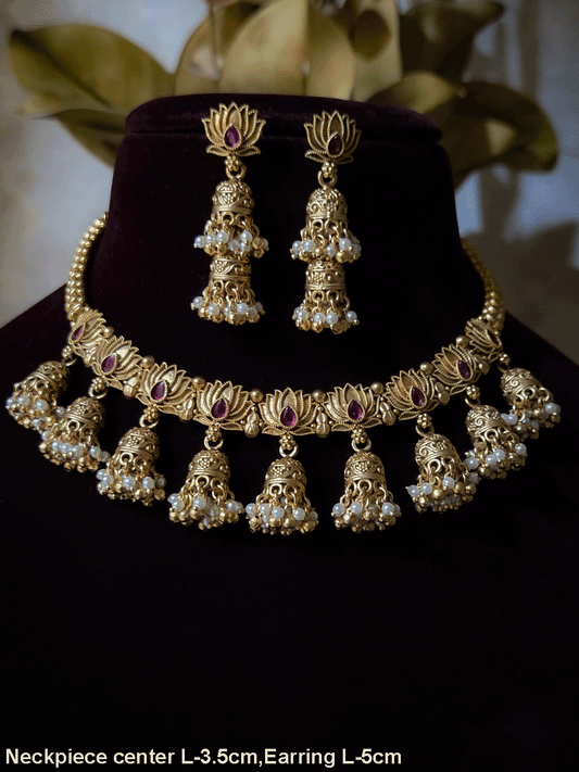 Lotus design with ruby stone set with jhoomki hanging's