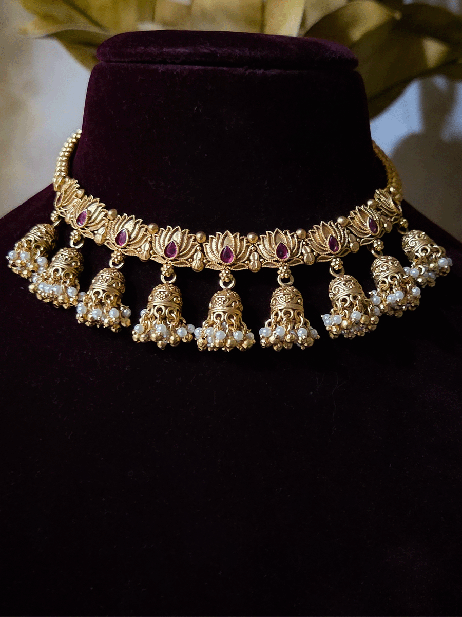 Lotus design with ruby stone set with jhoomki hanging's