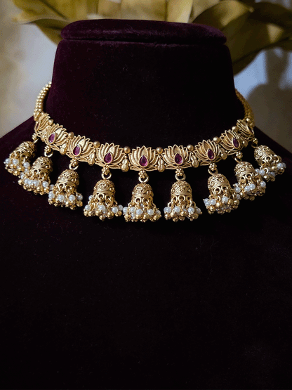 Lotus design with ruby stone set with jhoomki hanging's