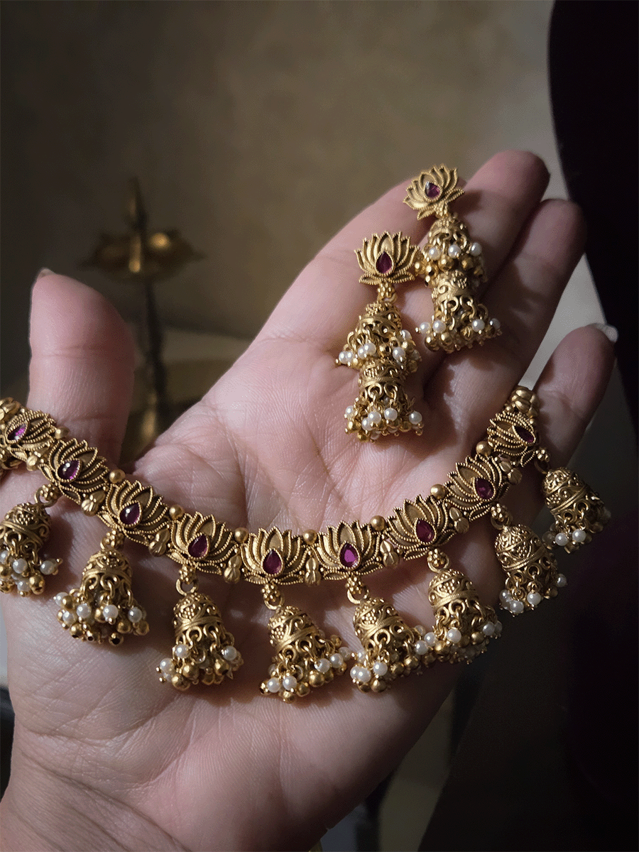 Lotus design with ruby stone set with jhoomki hanging's