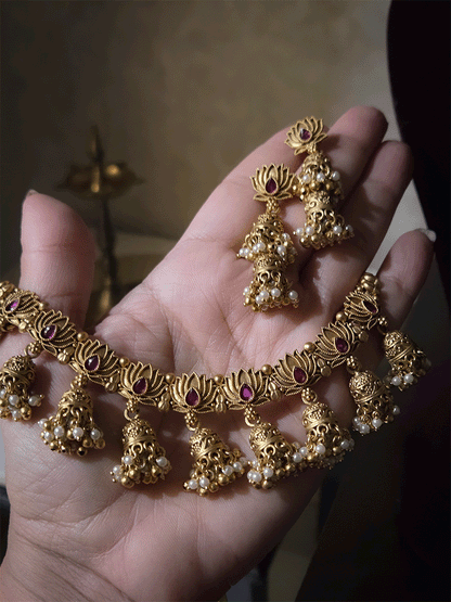 Lotus design with ruby stone set with jhoomki hanging's