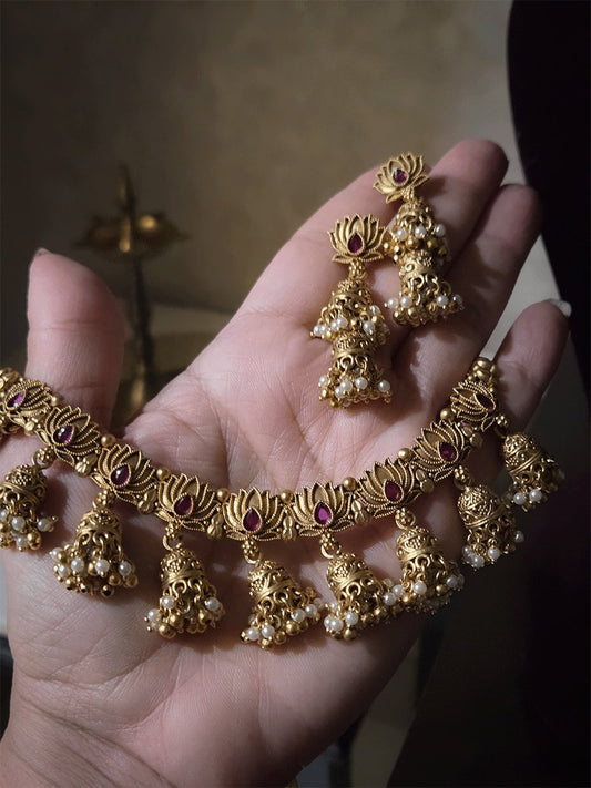 Lotus design with ruby stone set with jhoomki hanging's