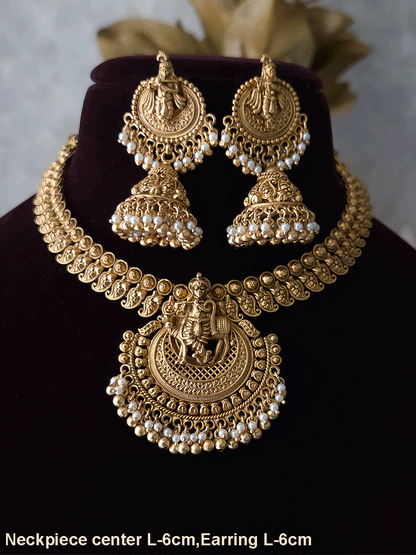 Krishnaji with cow motif on mesh design center necklace set with paisley design side chain