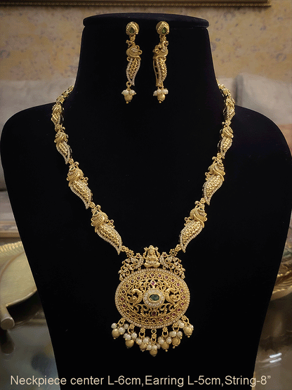 Oval zircon,ruby and green stone peacock design set with peacock design string