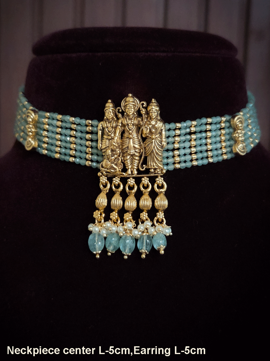 Ram durbar center tukdi with side aqua bead strings chik set