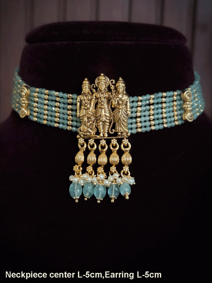 Ram durbar center tukdi with side aqua bead strings chik set