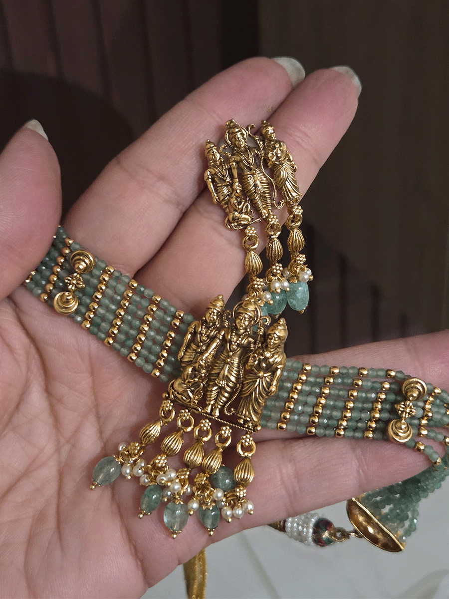 Ram durbar center tukdi with side aqua bead strings chik set