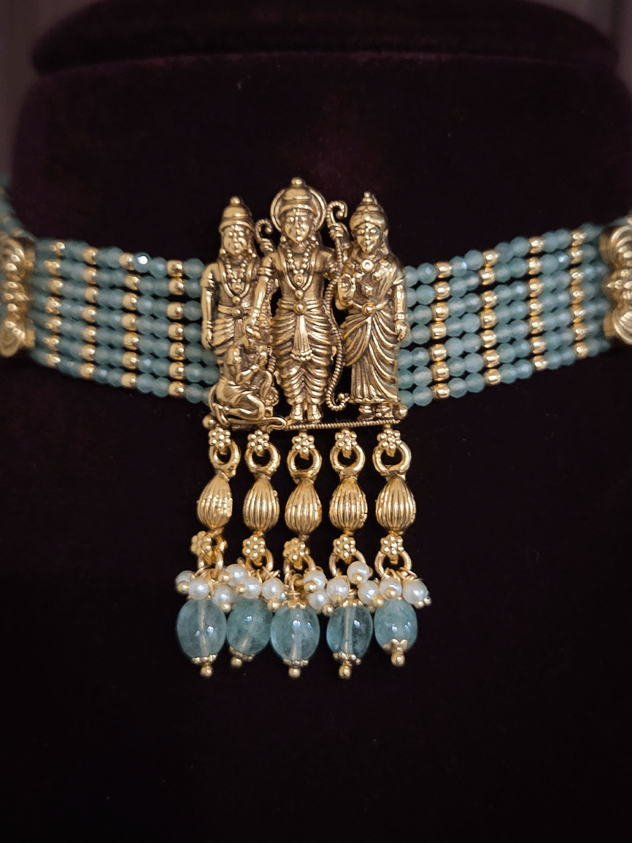 Ram durbar center tukdi with side aqua bead strings chik set