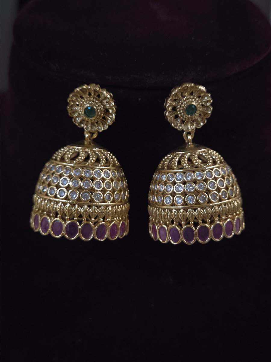 5cm broad flower center polki studded choker with oval ruby stones line and zircon loop hangings