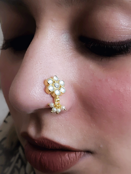 White flower paachi kundan nosepin with pearly hangings