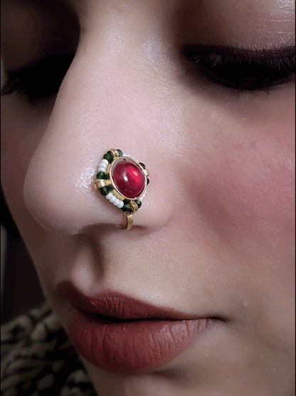 Coloured round paachi kundan Nath with pirohi work(1.5cm diameter)