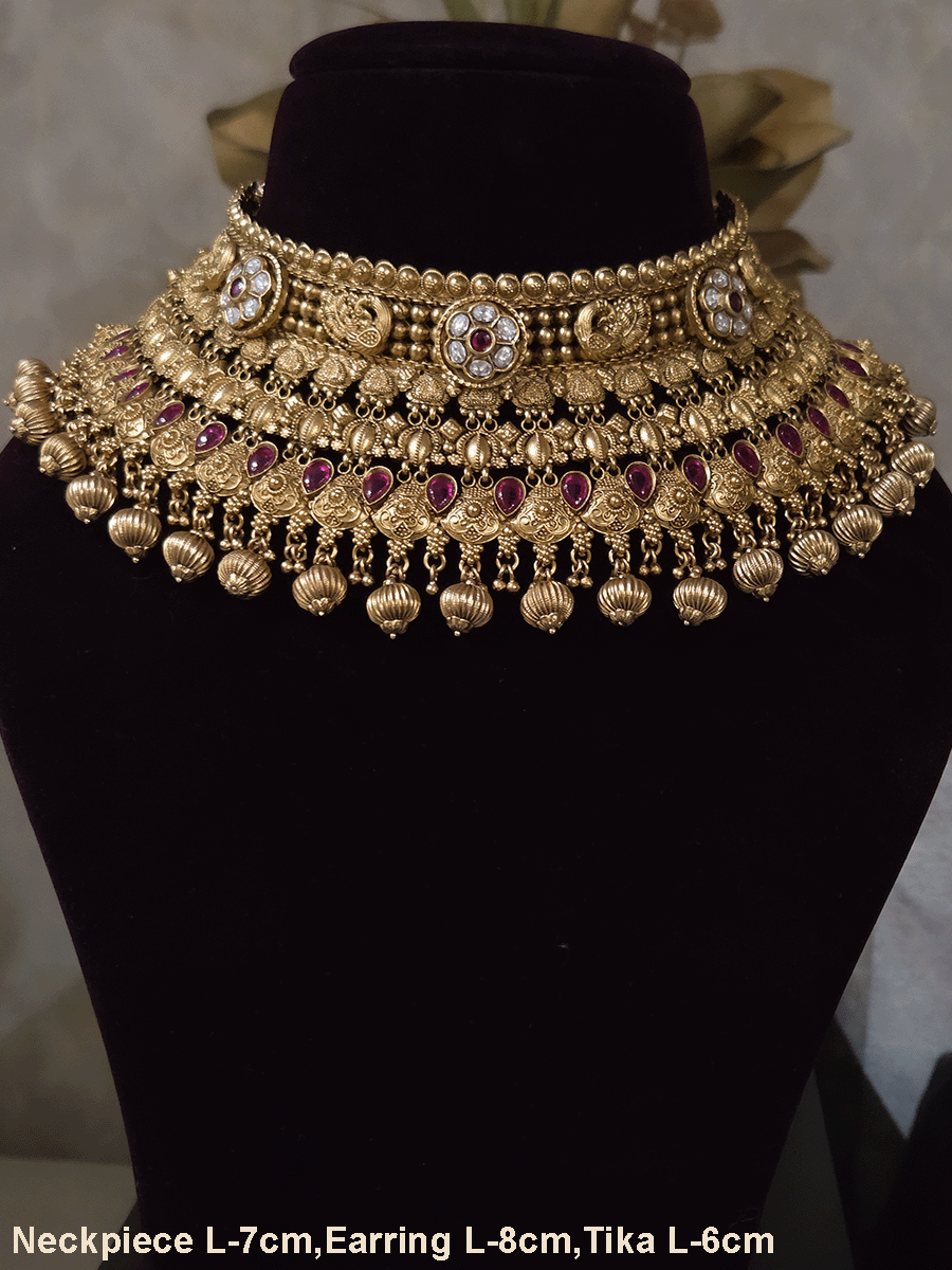 Kundan flower 7cm broad choker set with peacocks and ruby stones with bold bead hangings