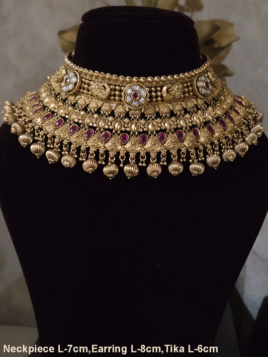 Kundan flower 7cm broad choker set with peacocks and ruby stones with bold bead hangings