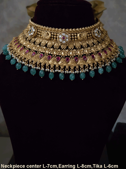 Kundan flower 7cm broad choker set with peacocks and ruby stones with bold bead hangings