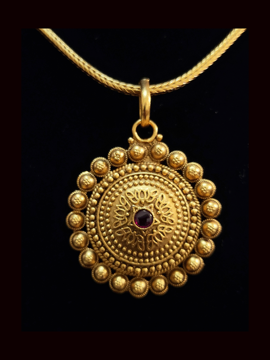 Round self design ruby stone center set with circular design lace