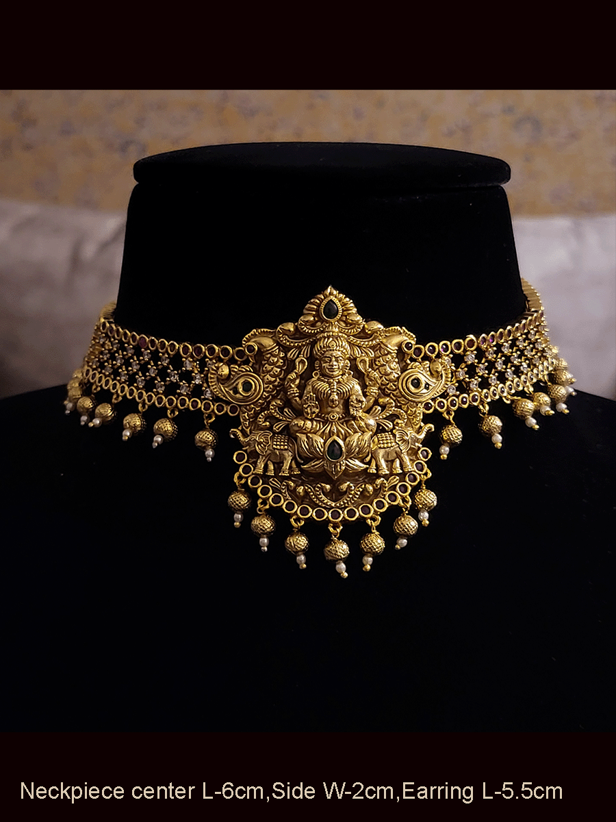 Side mesh design with ruby and green stones laxmiji center choker set