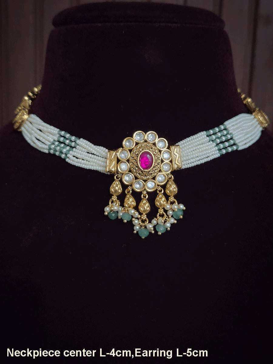 Oval ruby stone kundan flower center side cheed strings set