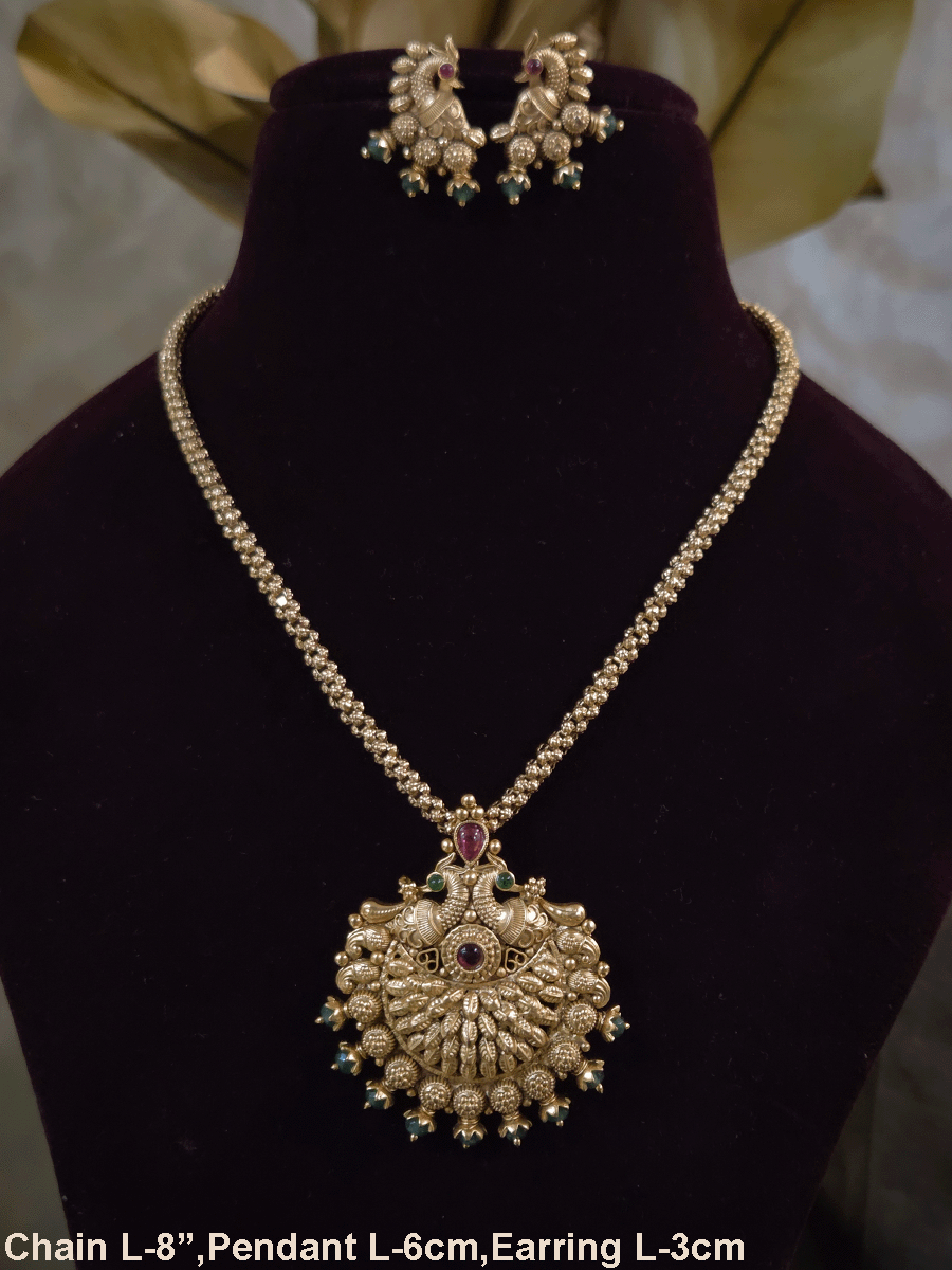 Half flower peacock top design pendant set with 8" long chain